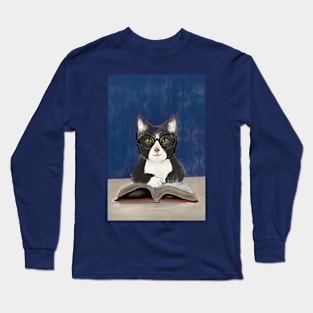 Cat Reading Art, Cat Art, Cat Illustration Long Sleeve T-Shirt